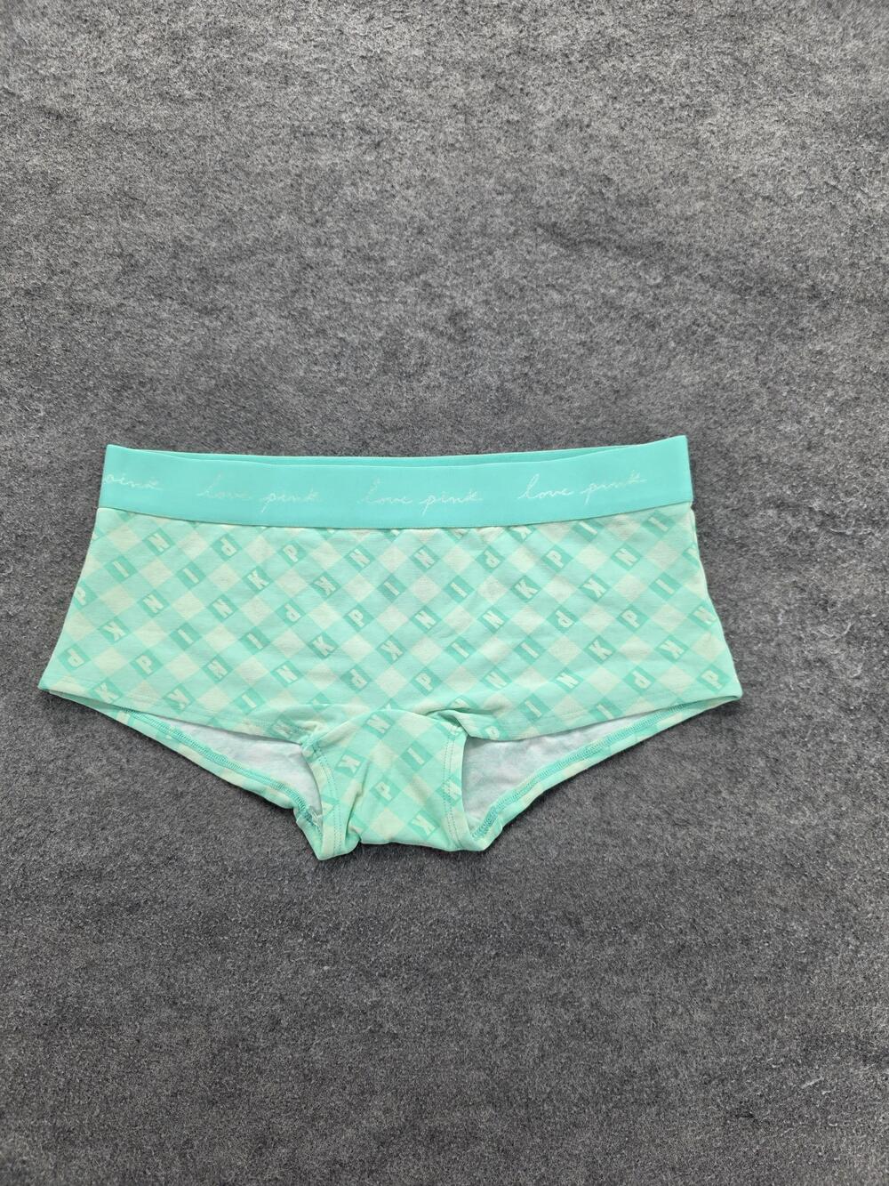 PINK Victoria's Secret Panties Womens M Green Boyshort Gingham Cotton Spandex